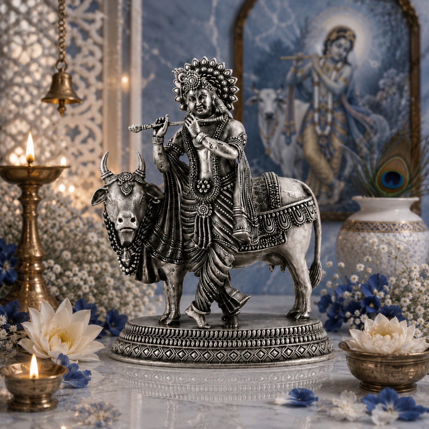 Premium 925 Pure Silver Lord Krishna with Cow Idol.