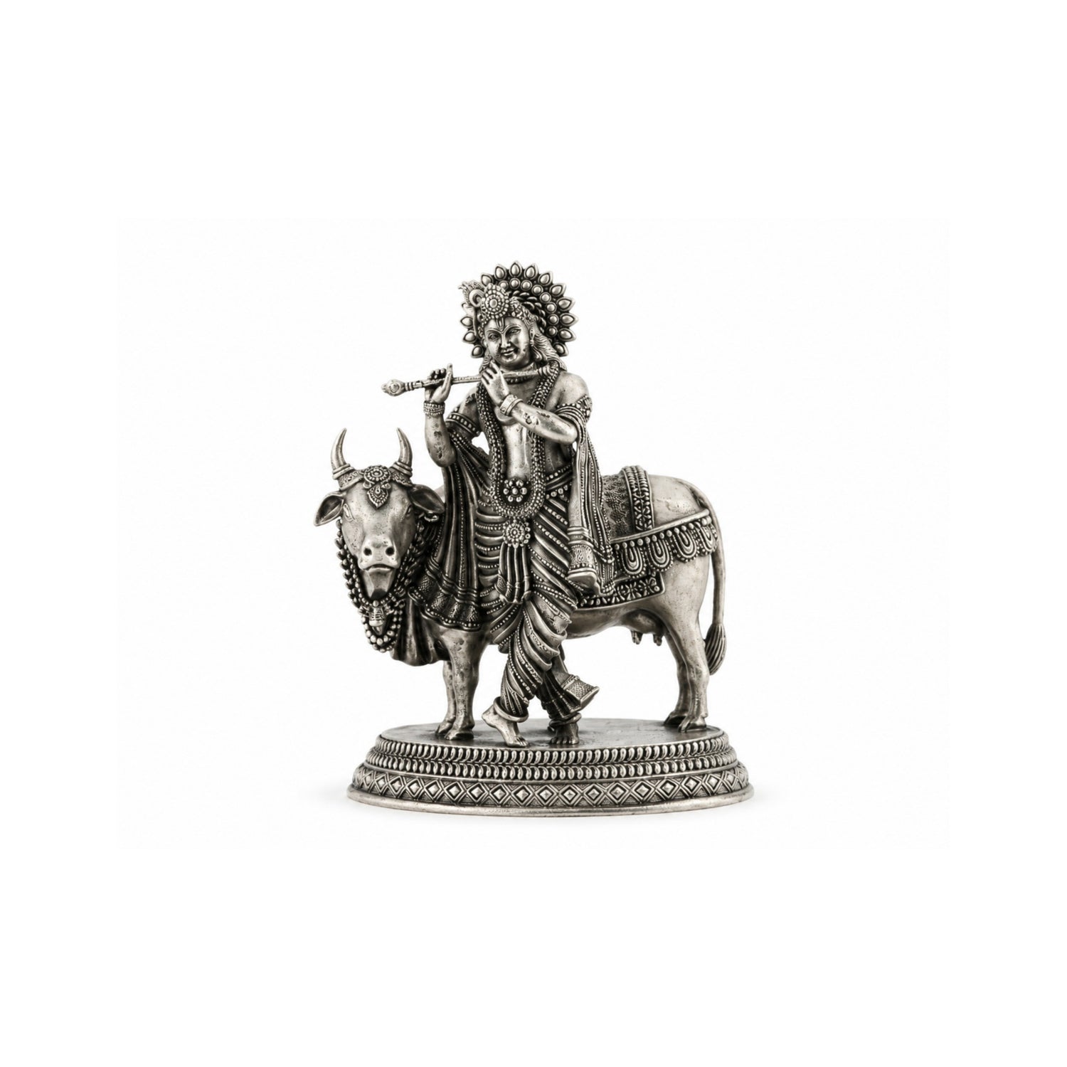 Premium 925 Pure Silver Lord Krishna with Cow Idol.