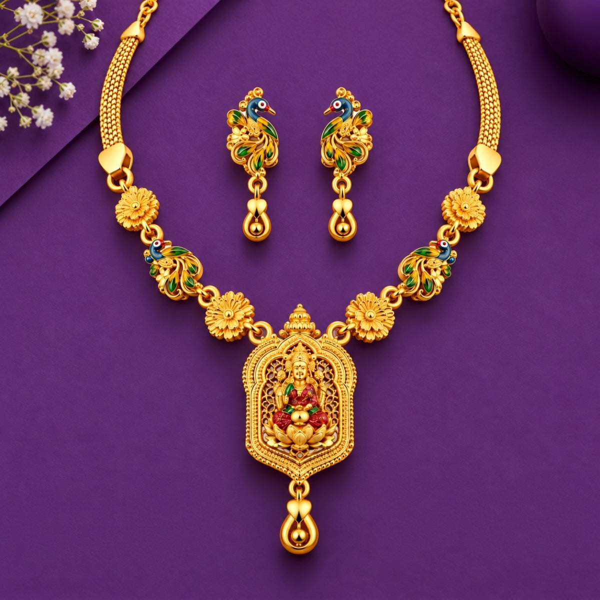 The Imperial Lakshmi Peacock Arched 925 Silver Gold-Plated Necklace Set