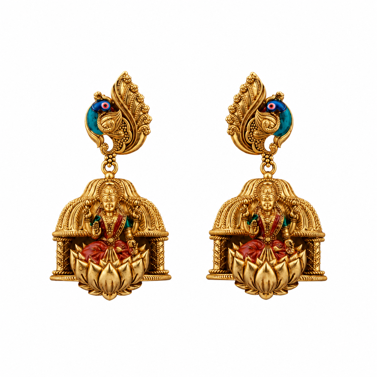 Imperial Peacock & Lakshmi Mandap Gold-Plated 925 Silver Drops