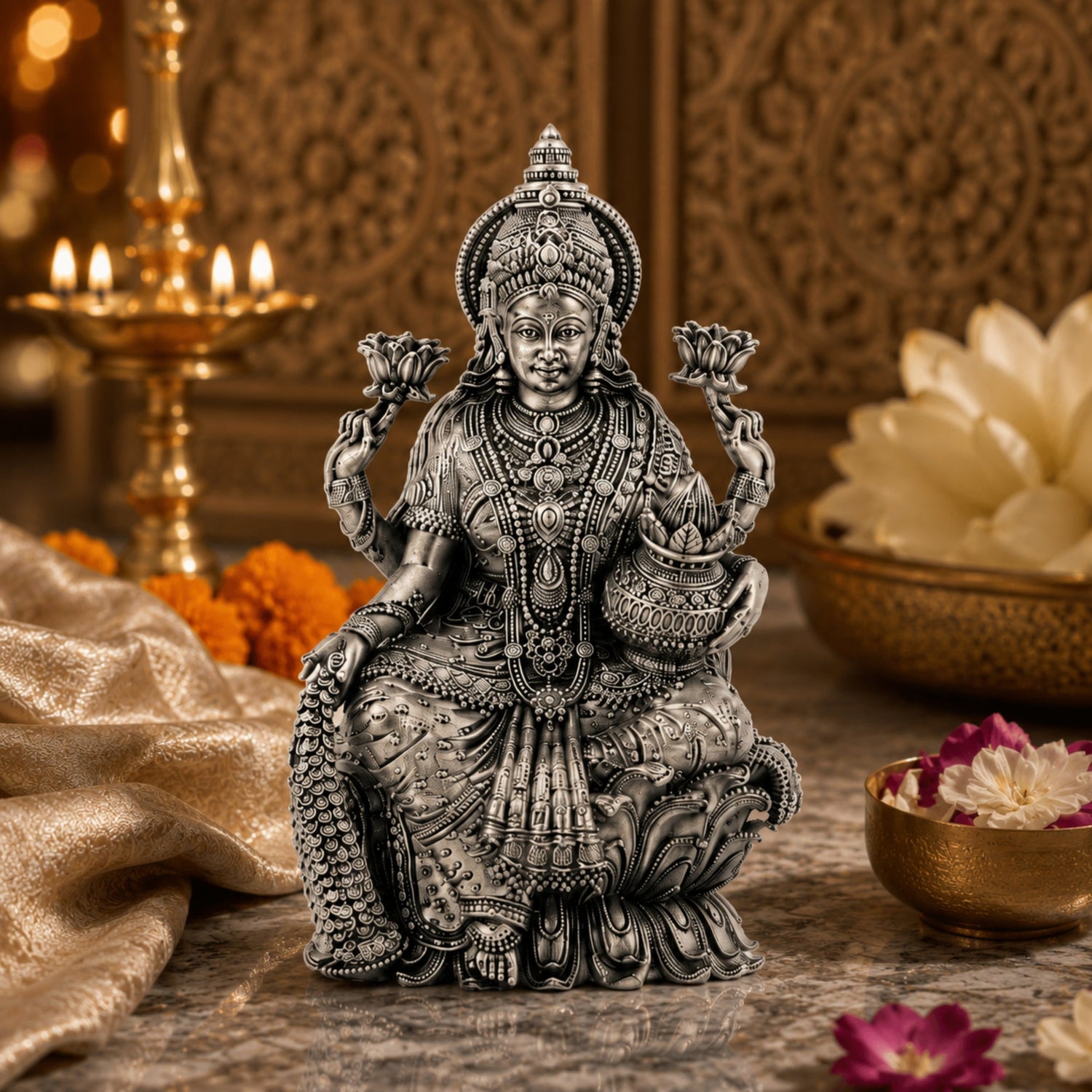 Premium 925 Pure Silver Goddess Lakshmi with Gaja/Kalash Idol.