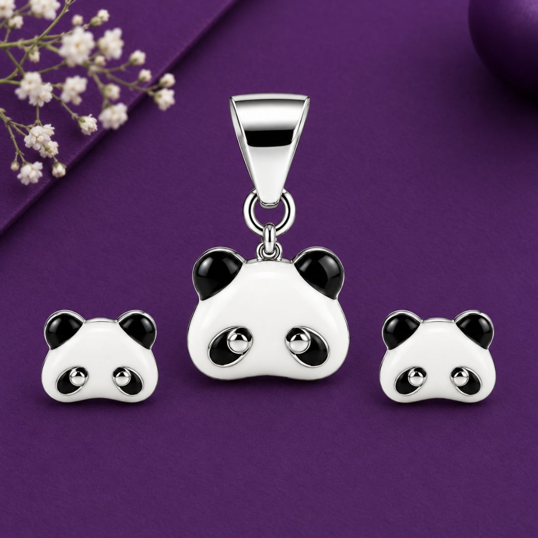 Precious Panda 925 Sterling Silver Enamel Pendant & Stud Earring Set for Kids