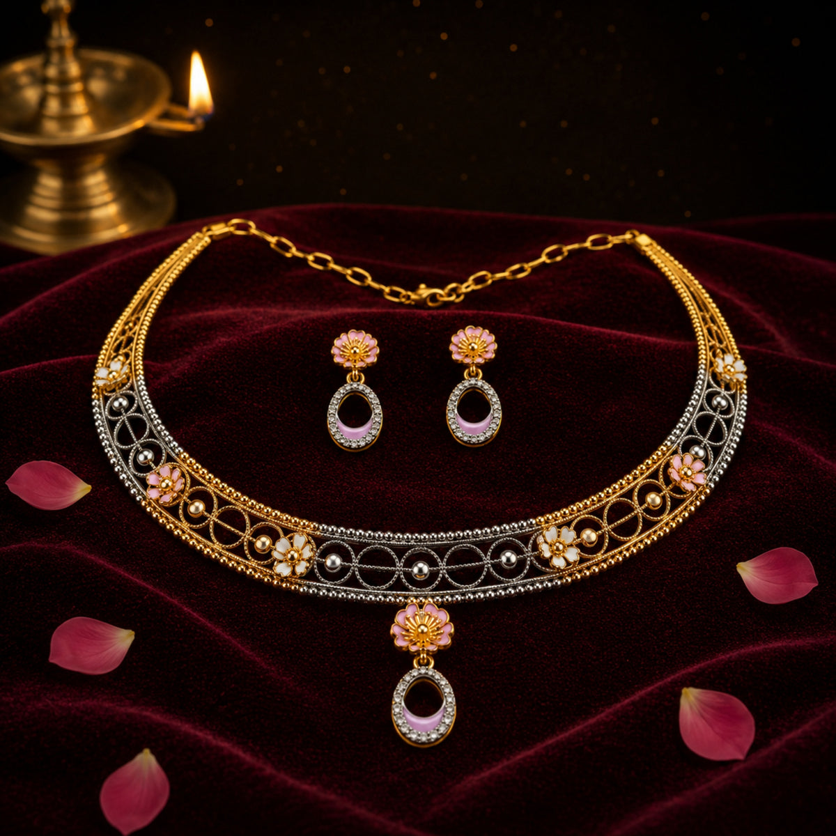 Vasantika Mesh 925 Sterling Silver Tri-Tone Floral Choker Set