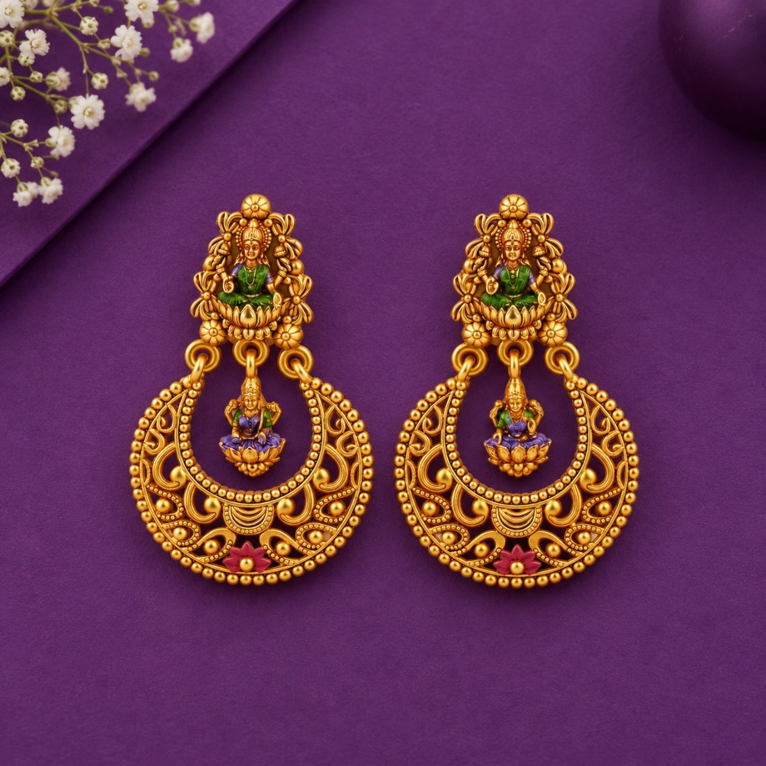 Heritage Gilded Lakshmi Temple Crescent 925 Silver Earrings