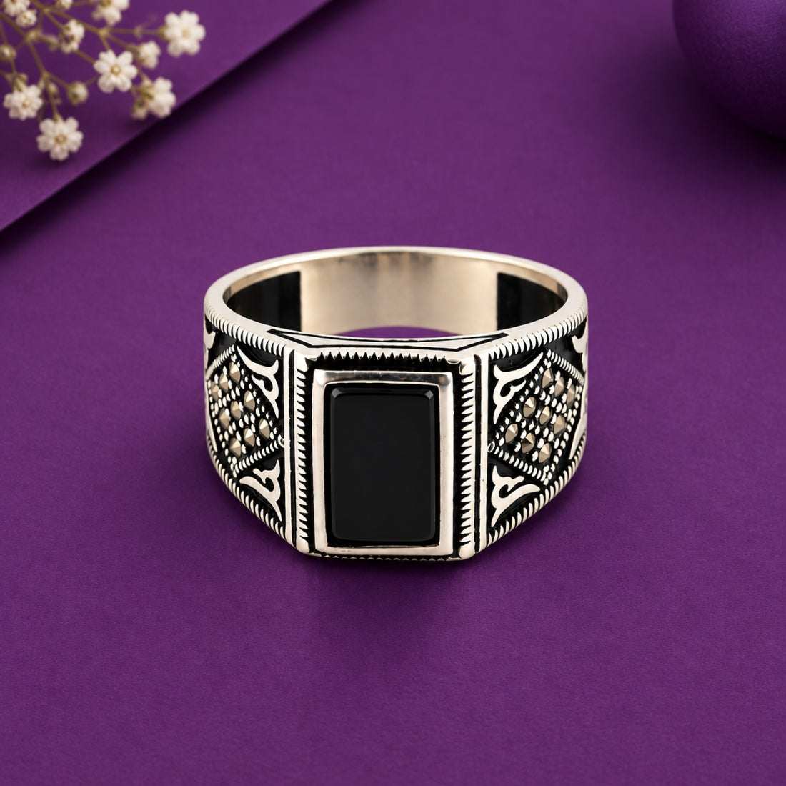 Imperial Obsidian Flat-Top 925 Silver Ring