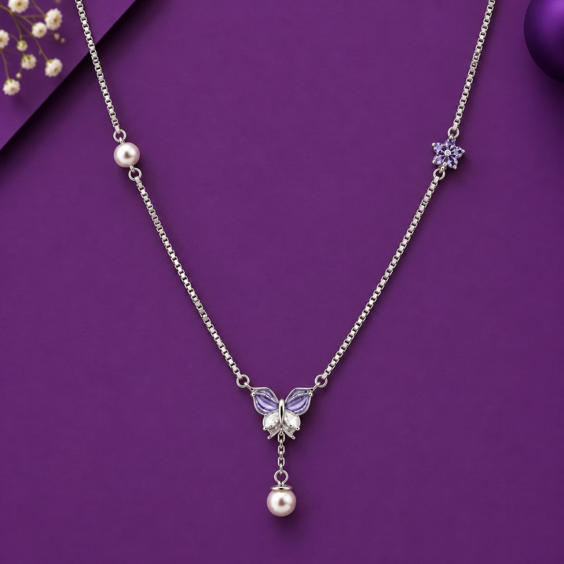 The Violet Monarch Pearl Lariat 925 Silver Chain