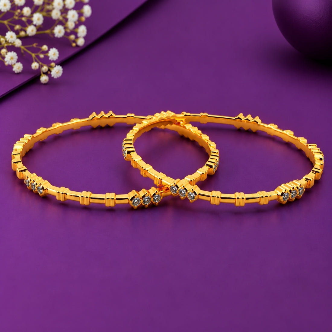 The Regal Bar & Crest Stackable Bangles (Set of 2 in 925 Sterling Silver with Rich 24K Gold Polish)
