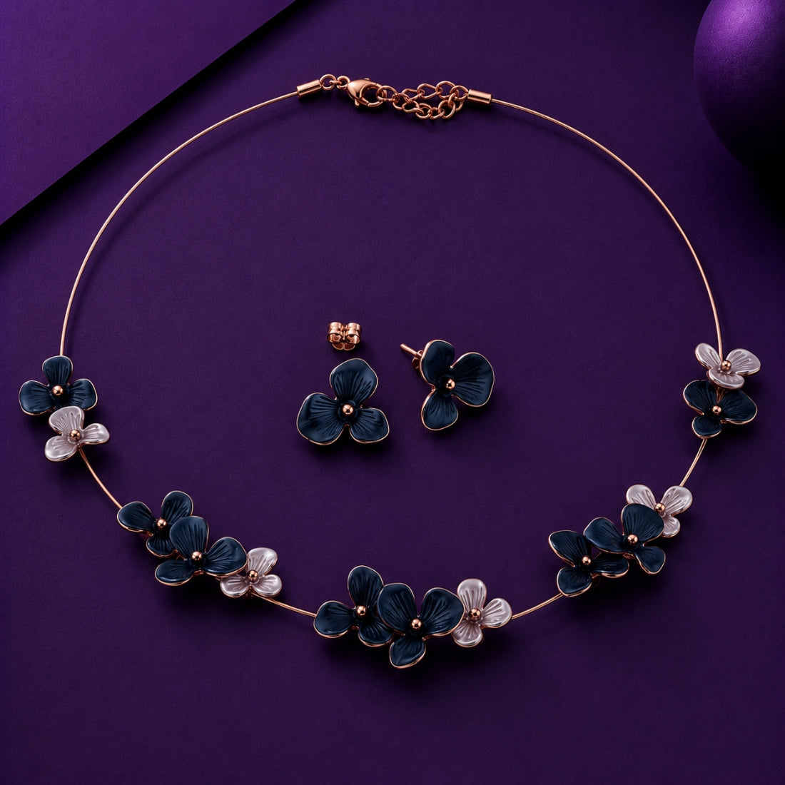 The Midnight Hydrangea Floating Wire 925 Silver Necklace Set