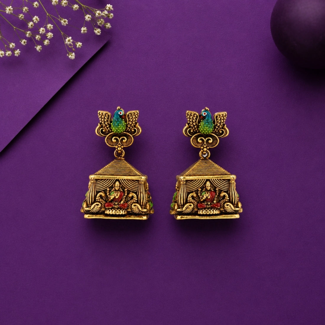 Antique Winged Peacock Mandapam 925 Silver Jhumkas