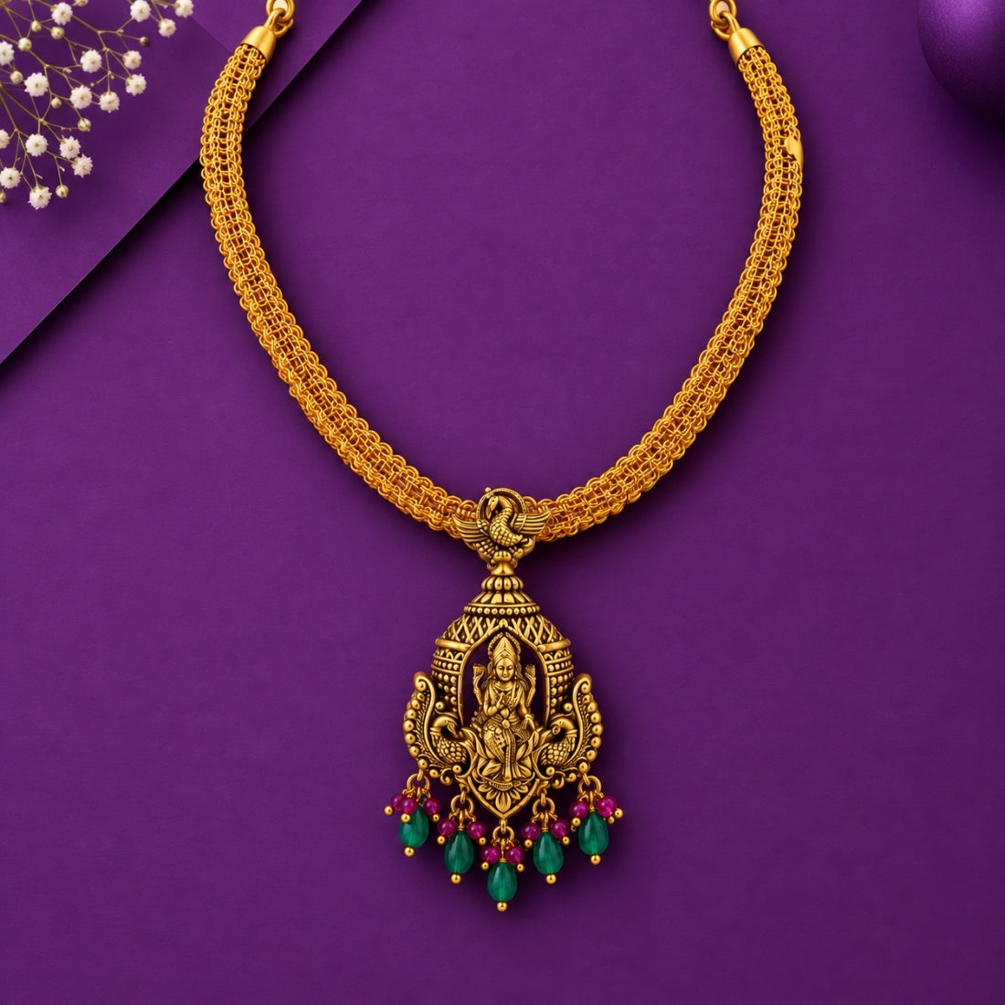 Padmasana Lakshmi Teardrop Antique Silver Necklace