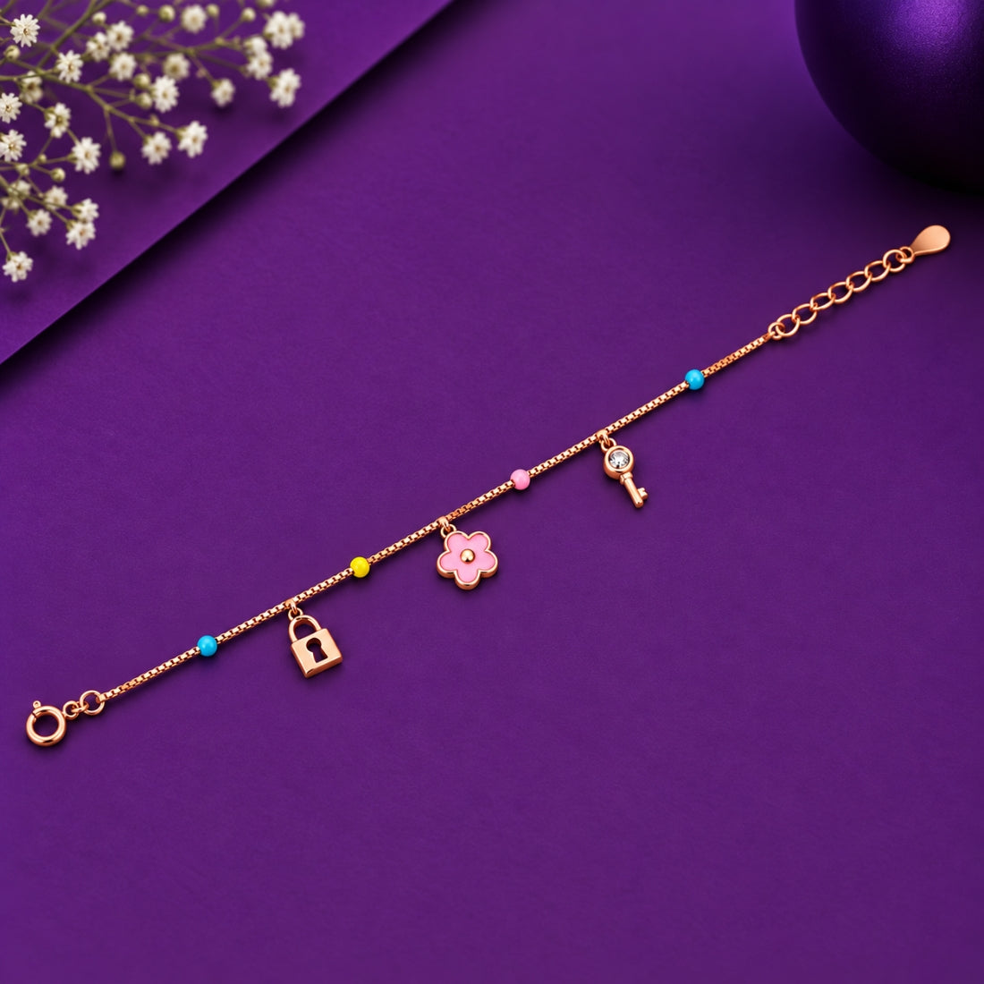 Secret Garden 925 Sterling Silver Rose Gold Lock & Key Kids Charm Bracelet
