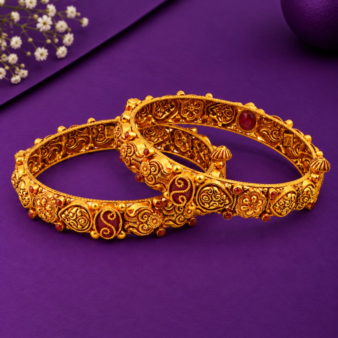 Vintage Ruby Red & Gold Embossed Mango Nakshi Bangles