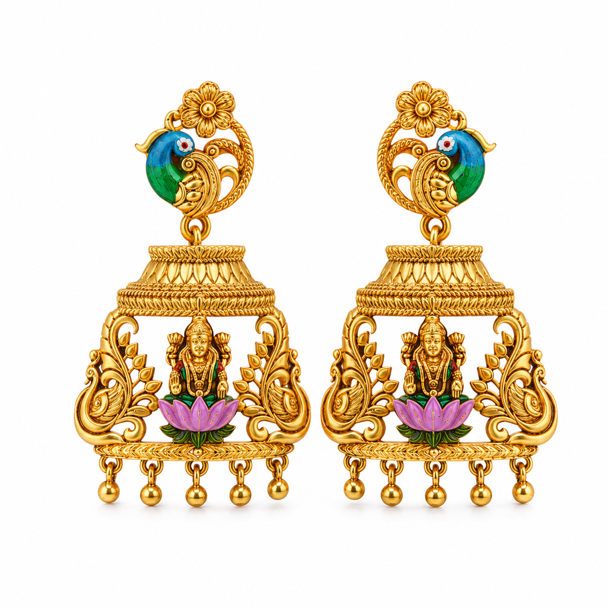 Divine Peacock Stud Lakshmi Cage Gold-Plated 925 Silver Drops