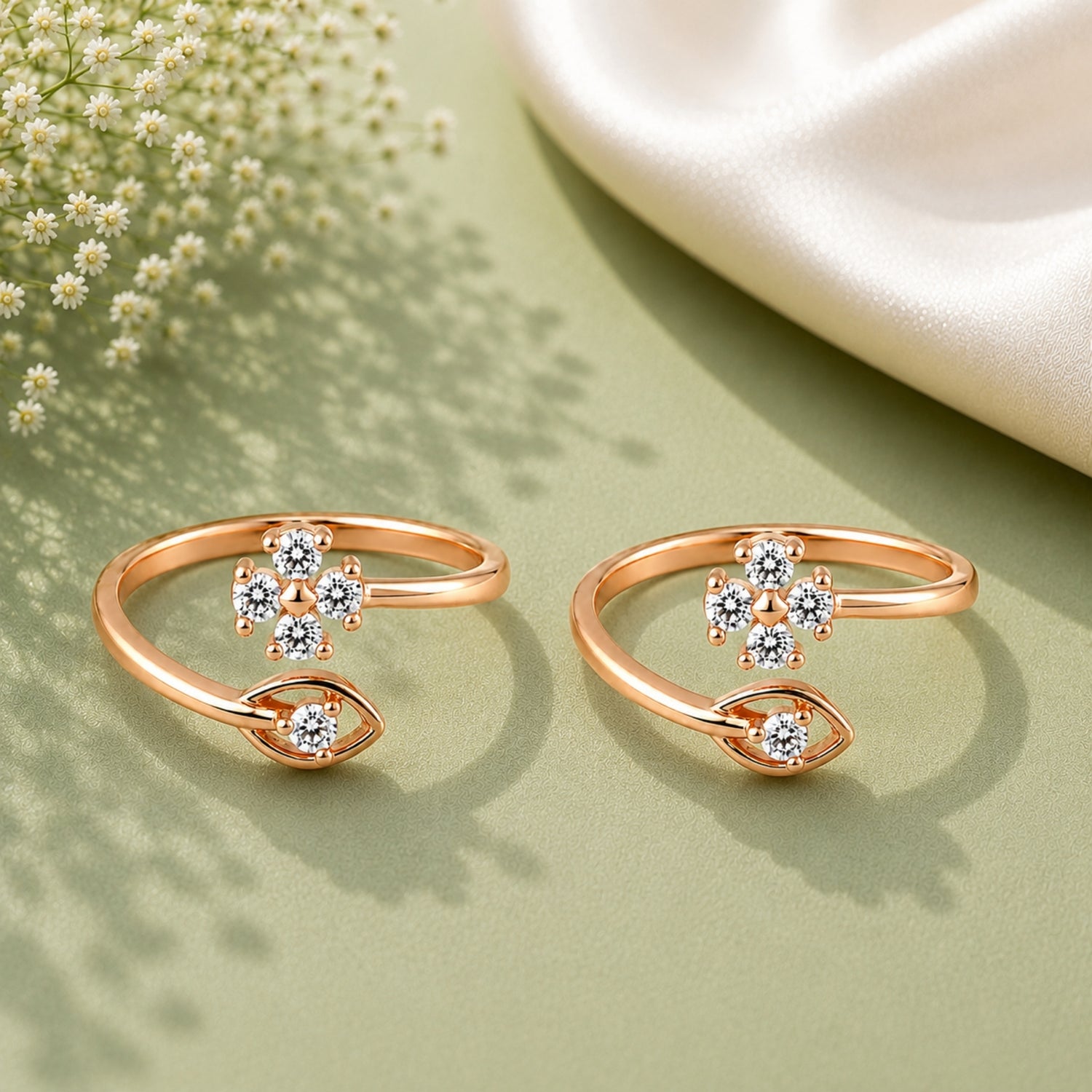 Rose Gold 925 Silver Flora & Foliage Bypass Toe Rings