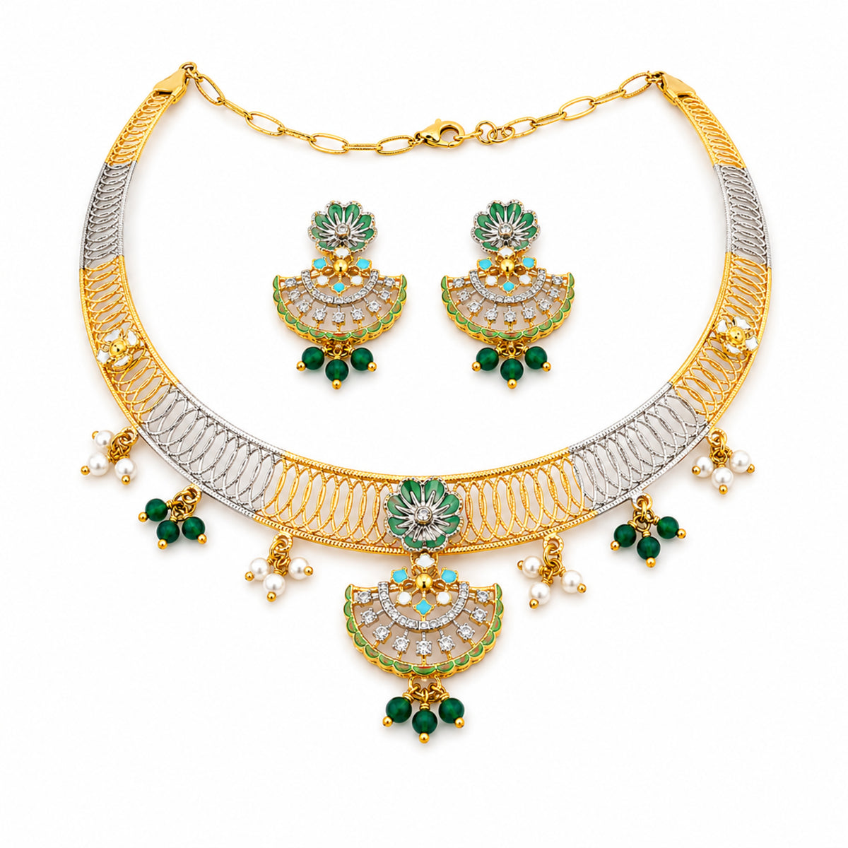 Mayur Chandrika 925 Sterling Silver Tri-Tone Enamel Choker Set