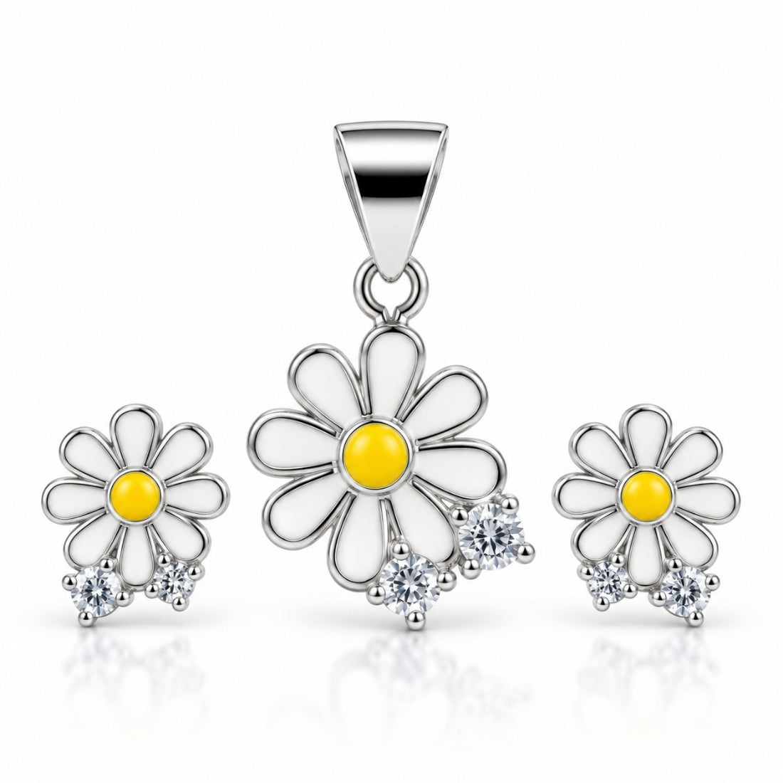 Dainty Daisy 925 Sterling Silver Enamel Pendant & Stud Earring Set for Kids