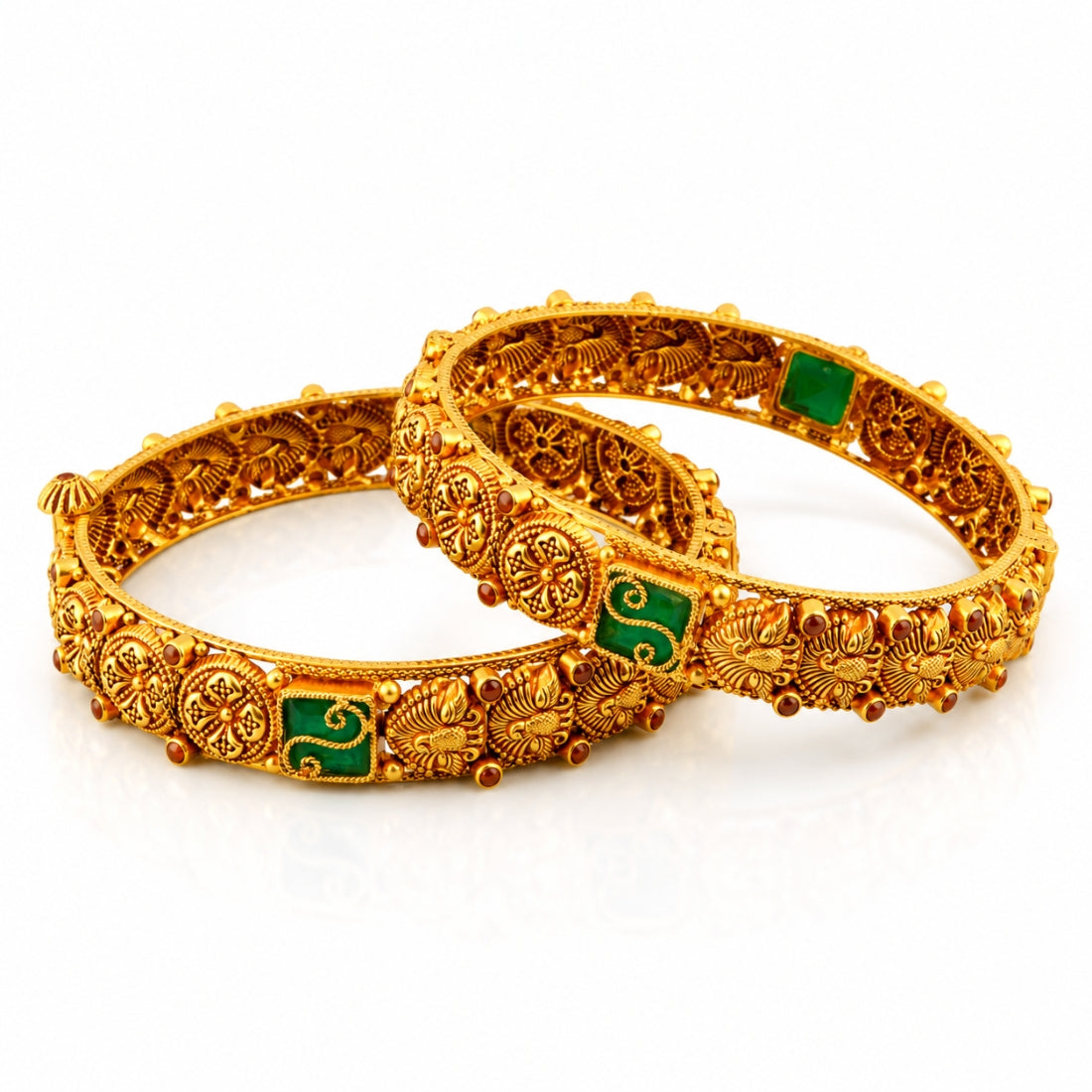 The Royal Pushpa – 925 Silver Antique Gold-Plated Floral Emblem Bangle Set