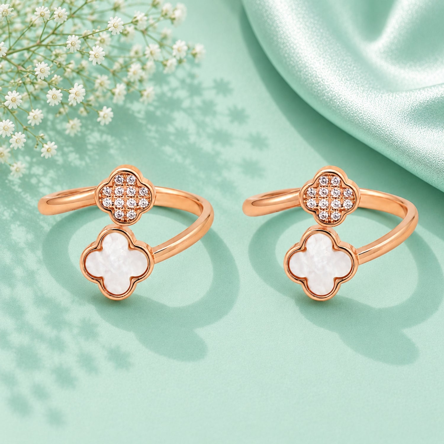 Rose Gold 925 Silver Clover Cascade Bypass Toe Rings