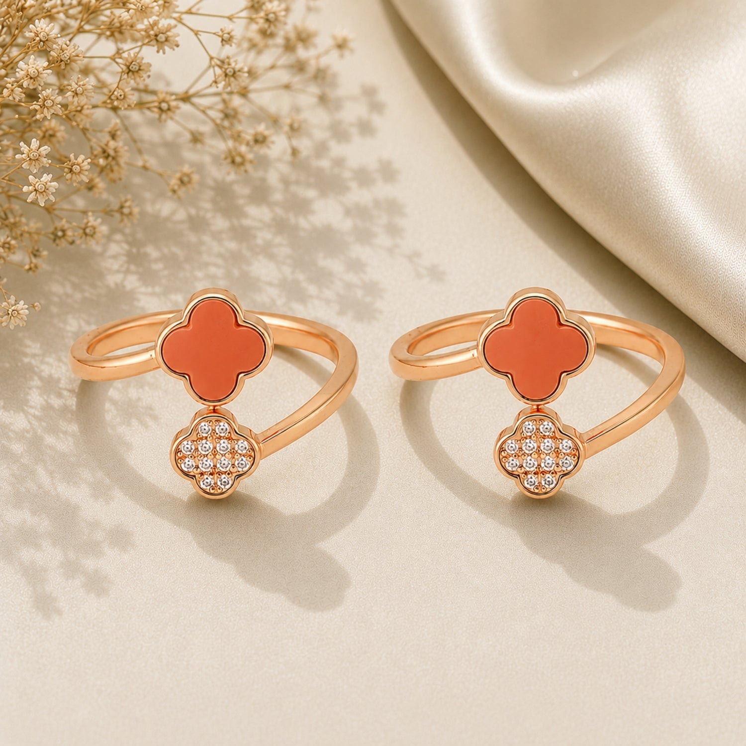 925 Silver Rose Gold Coral Clover Bypass Toe Rings