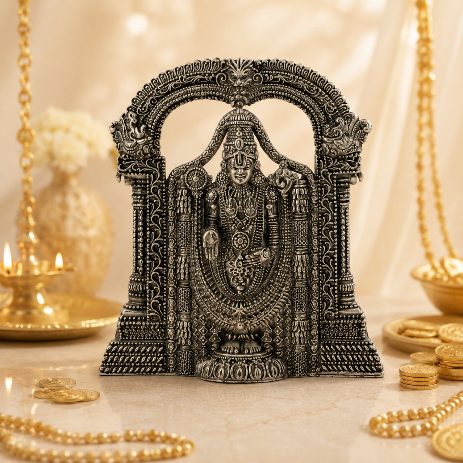 Premium 925 Pure Silver Tirupati Balaji (Lord Venkateswara) Idol with Arch.