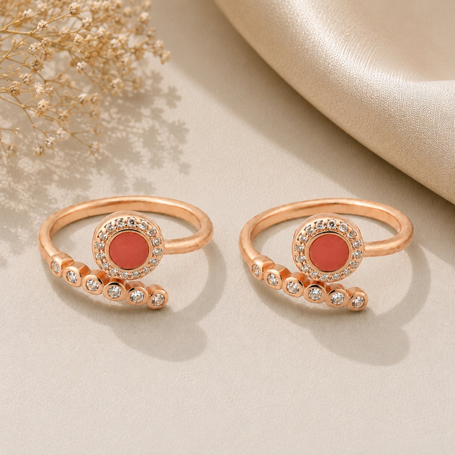 Coral Halo & Comet Bypass 925 Silver Rose Gold Toe Rings