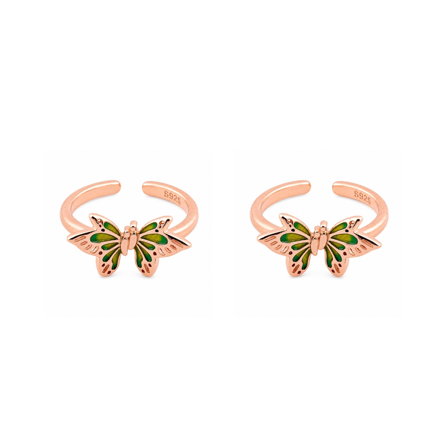 Emerald Meadow Butterfly Adjustable 925 Silver Rose Gold Toe Rings