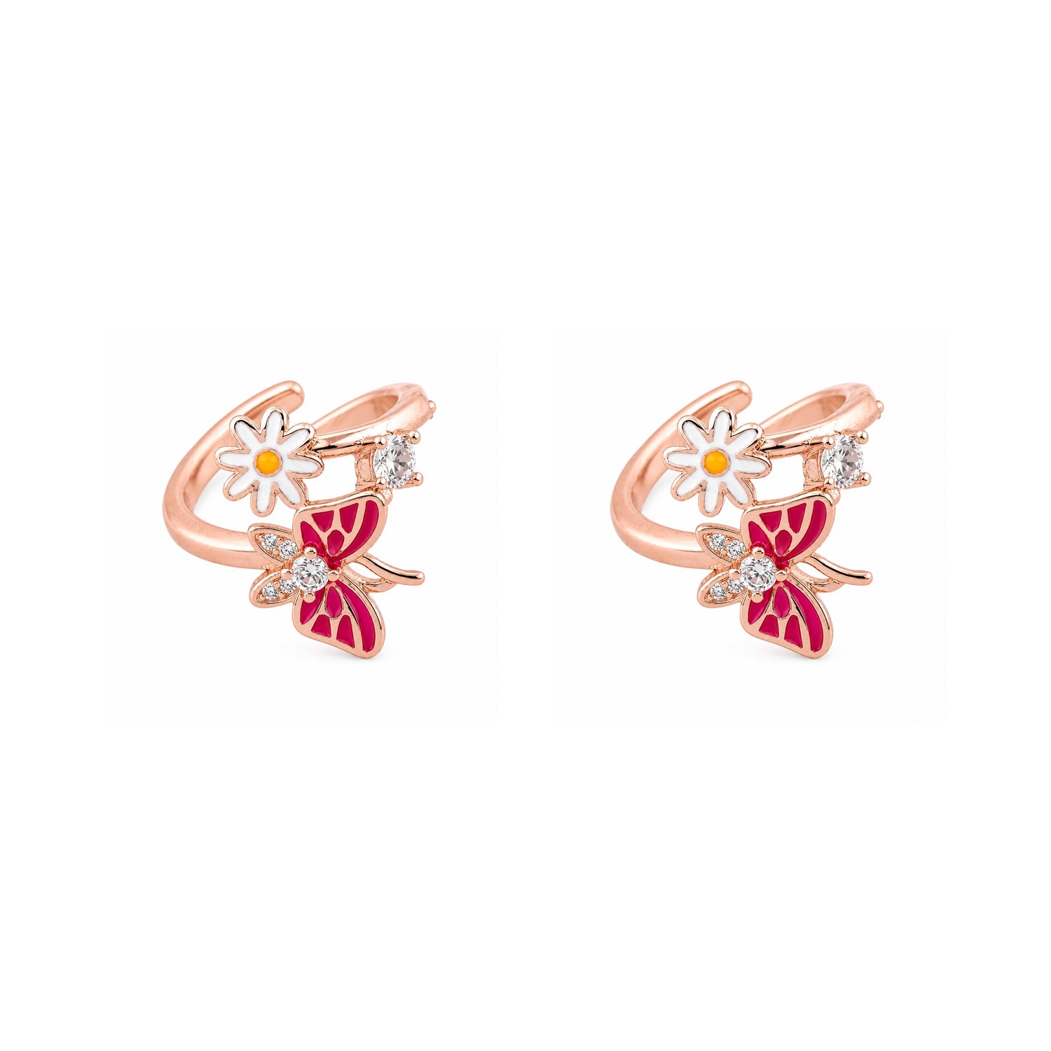Crimson Meadow Butterfly & Daisy Adjustable 925 Silver  Rose Gold Toe Rings