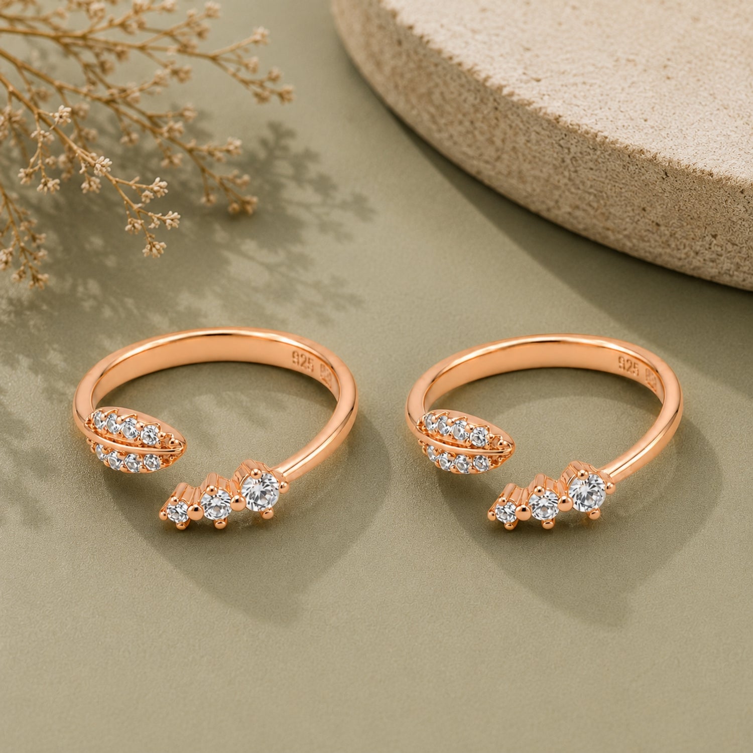 925 Silver The Rose Gold Dewdrop Leaf Toe Rings