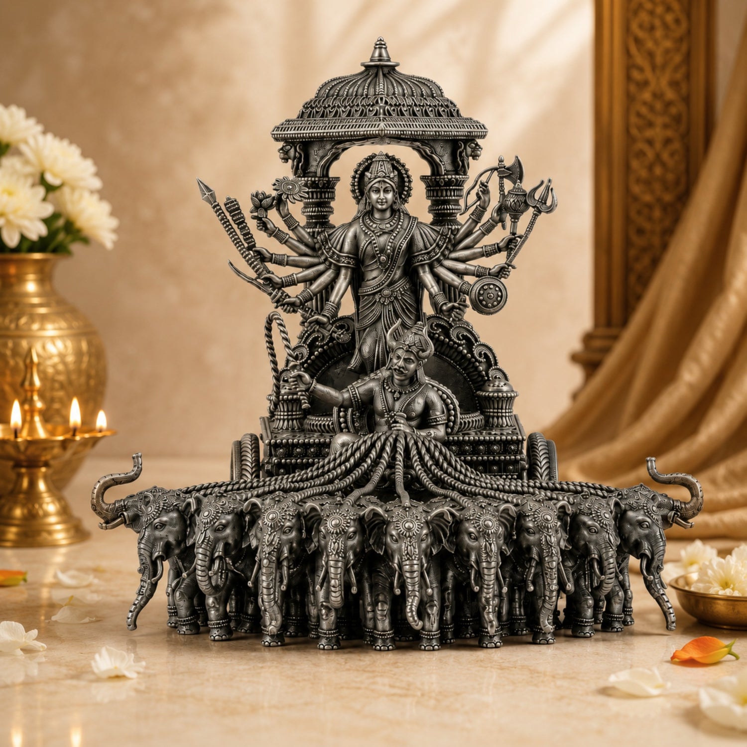 Premium 925 Pure Silver Goddess Durga Chariot Idol.