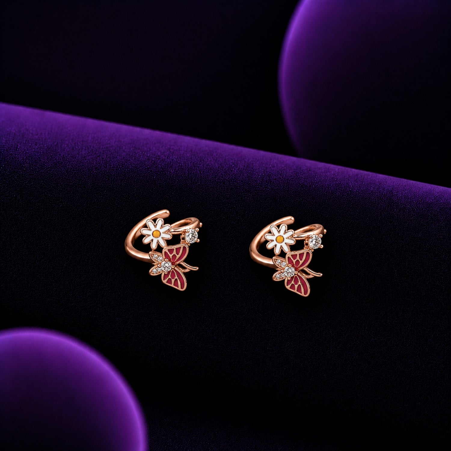 Crimson Meadow Butterfly & Daisy Adjustable 925 Silver  Rose Gold Toe Rings