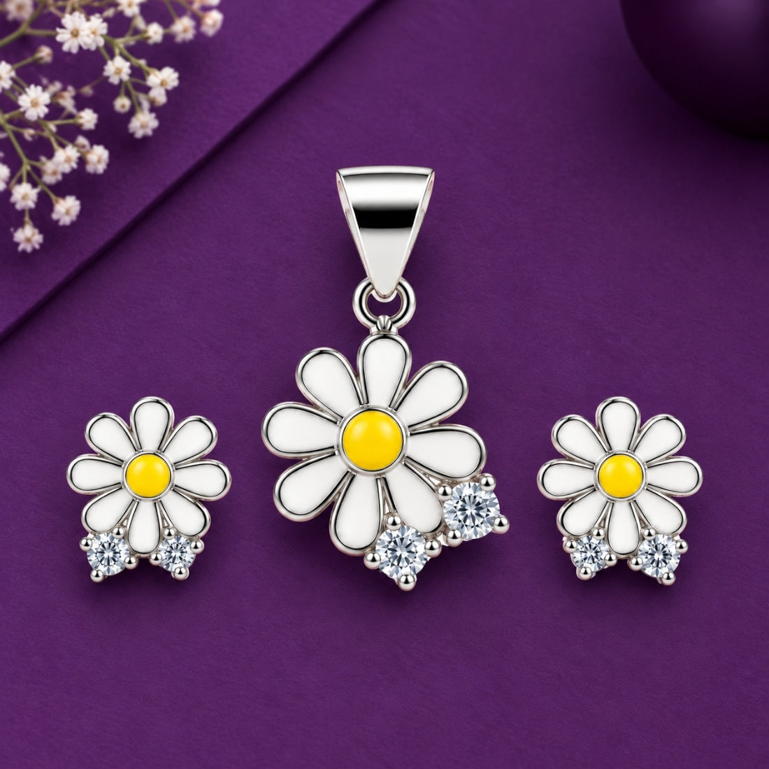 Dainty Daisy 925 Sterling Silver Enamel Pendant & Stud Earring Set for Kids