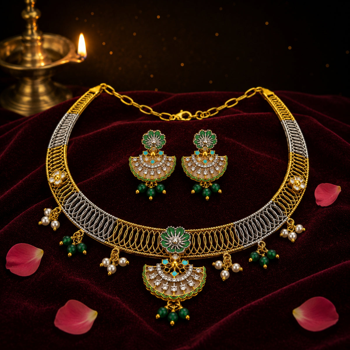 Mayur Chandrika 925 Sterling Silver Tri-Tone Enamel Choker Set