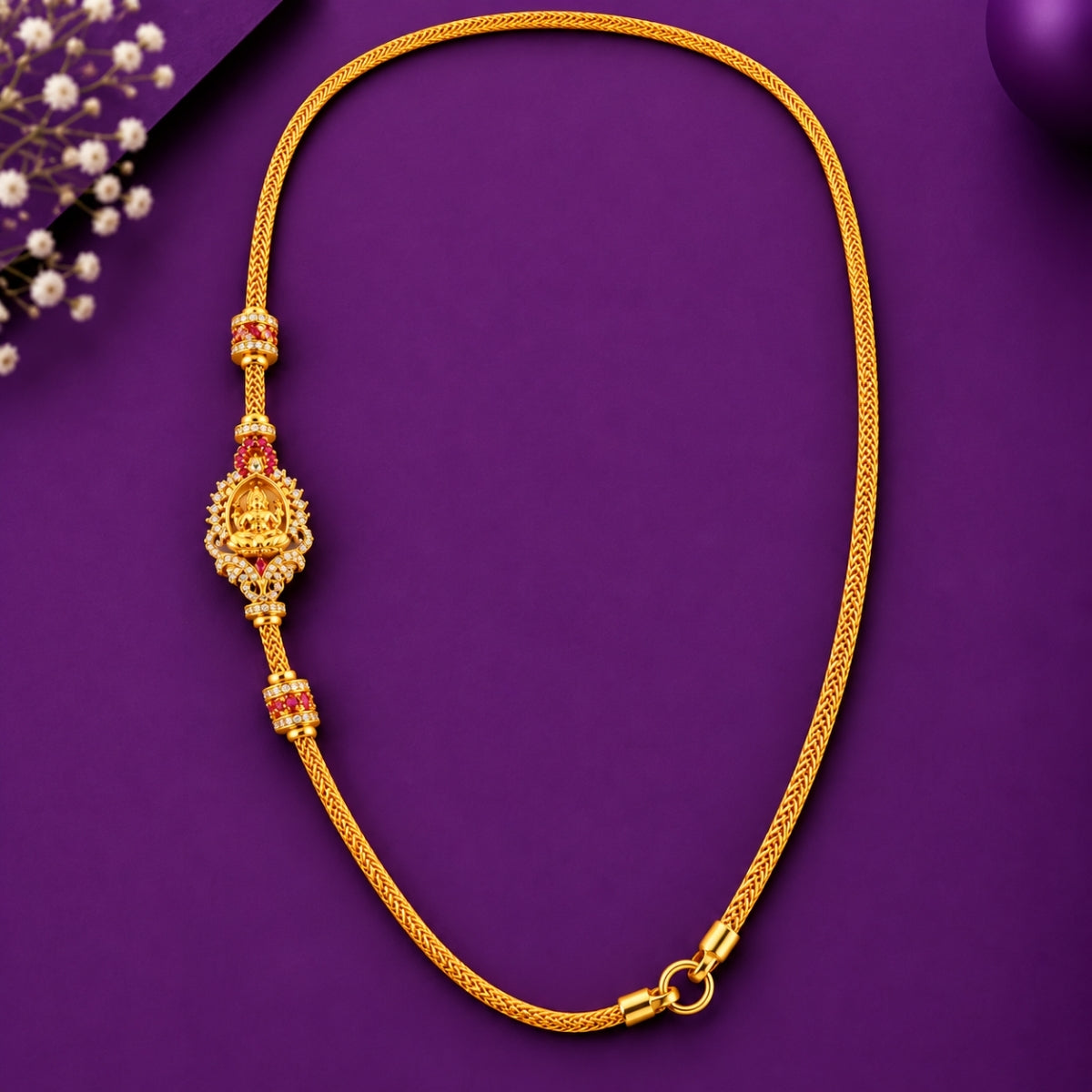 Divine Lakshmi Ruby Accent Heritage 925 Silver Mugappu Chain