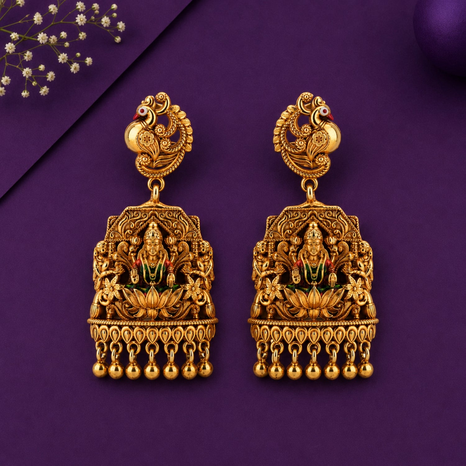 The Imperial Peacock Stud Lakshmi Shrine Gold-Plated 925 Silver Drops