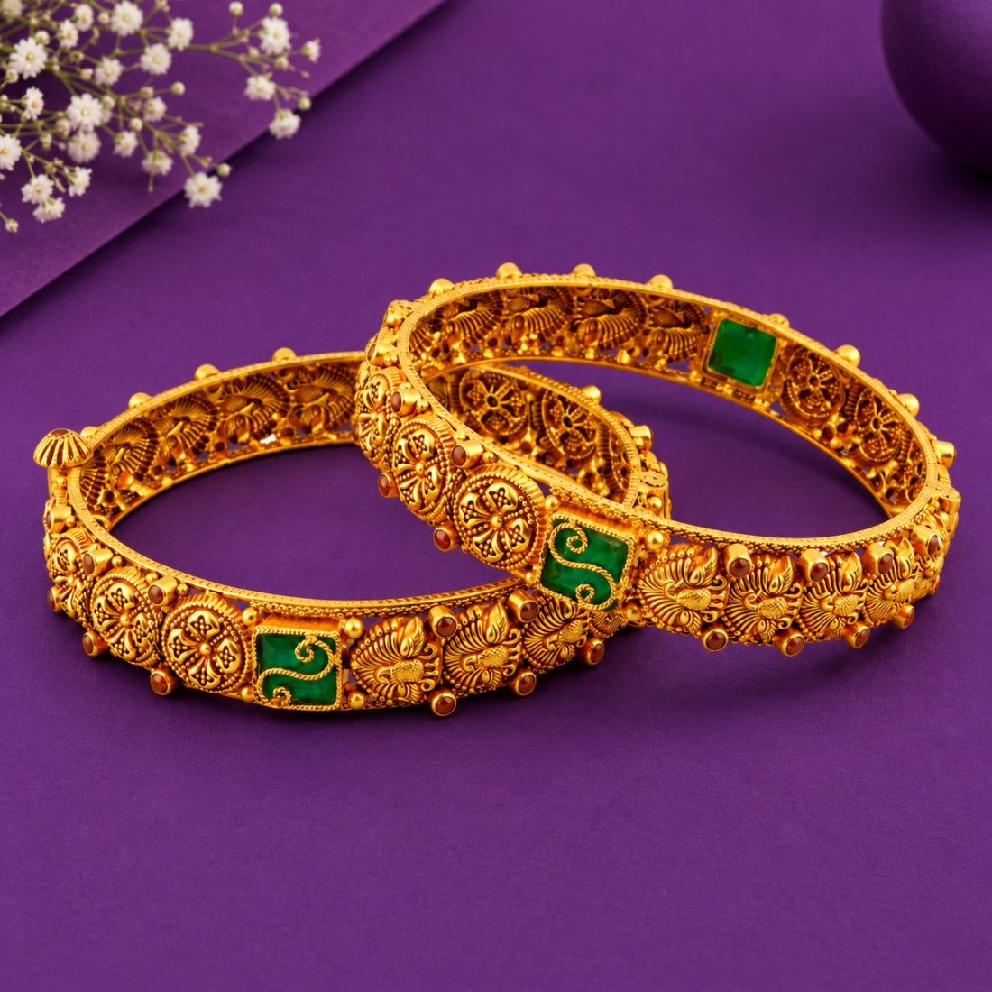 The Royal Pushpa – 925 Silver Antique Gold-Plated Floral Emblem Bangle Set