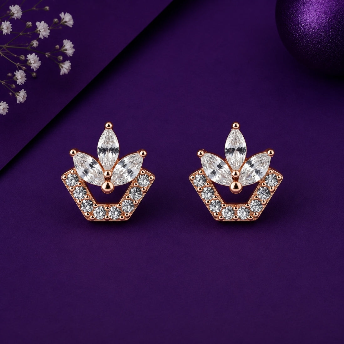Rose Gold Geometric Lotus Crown Stud Earrings