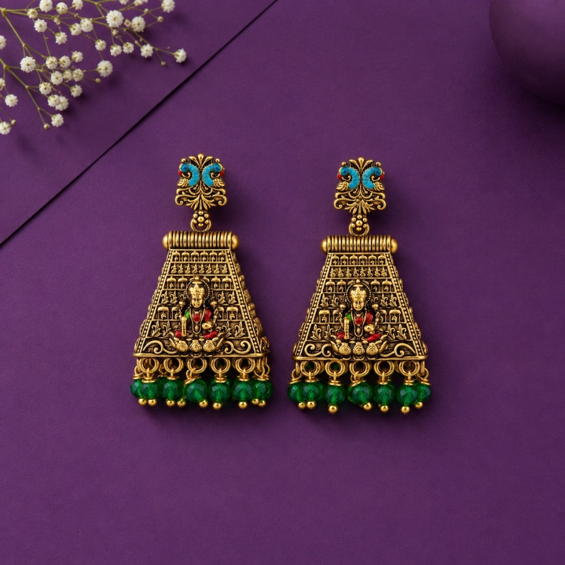 Antique Gold Turquoise & Tiered Lakshmi Silver Jhumki