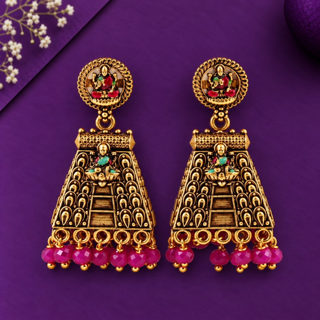 Vedic Gopuram Lakshmi Multi-Enamel Jhumkas