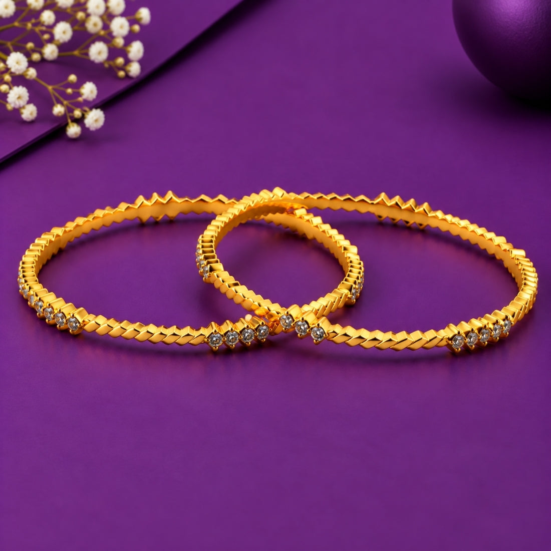 The Chevron Twist Intricate Stackable Bangles (Set of 2 in 925 Sterling Silver with Luminous Gold Polish)