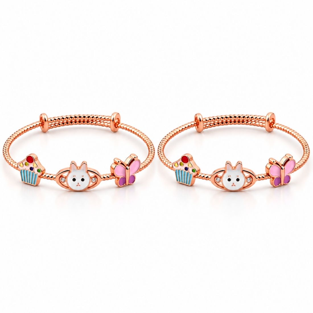 Whimsical Bunny & Cupcake 925 Sterling Silver Adjustable Kids Kadas (Rose Gold Finish)