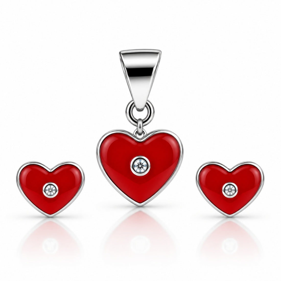 Sweetheart Sparkle 925 Sterling Silver Red Enamel Pendant & Stud Earring Set for Kids