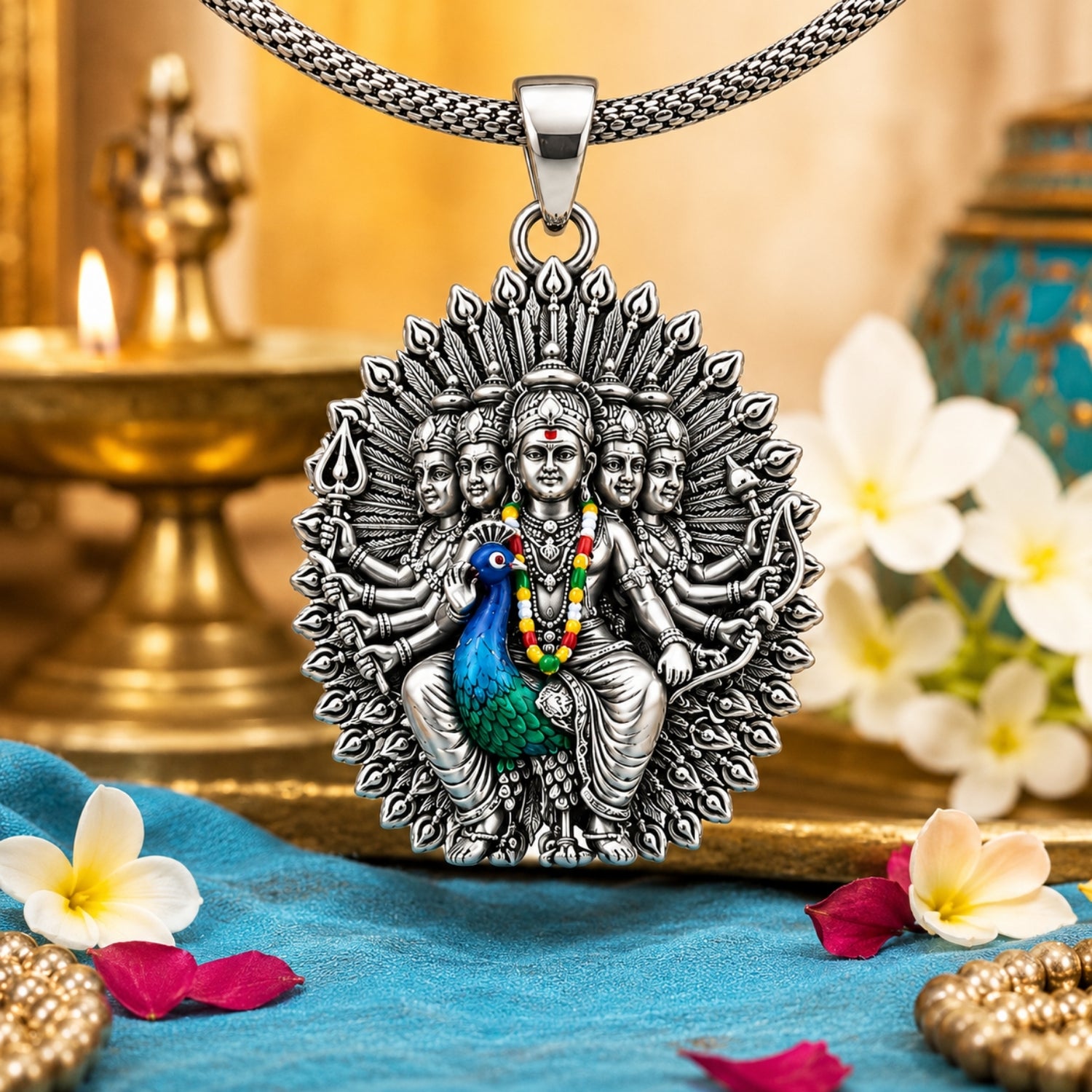 925 Sterling Silver six-faced form of Lord Murugan Pendant