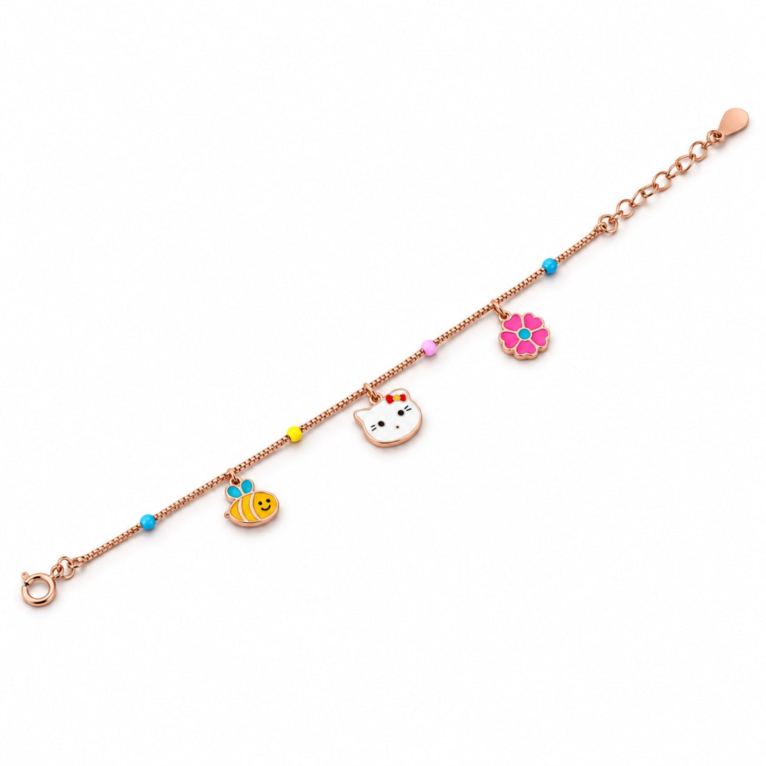 Garden Party 925 Sterling Silver Rose Gold Kitty & Bumblebee Kids Charm Bracelet
