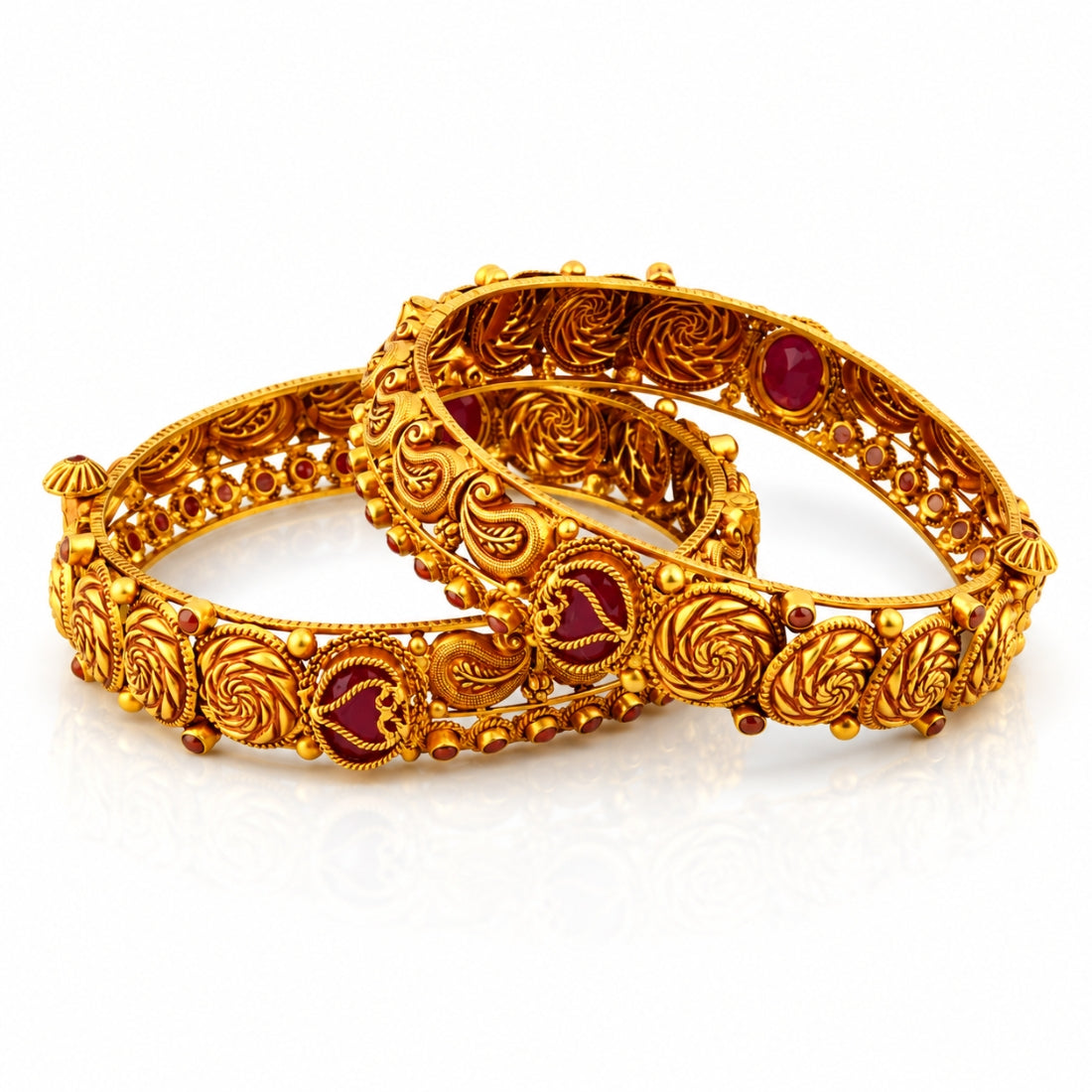 Vintage Ruby Red & Gold Embossed Floral Temple Bangles