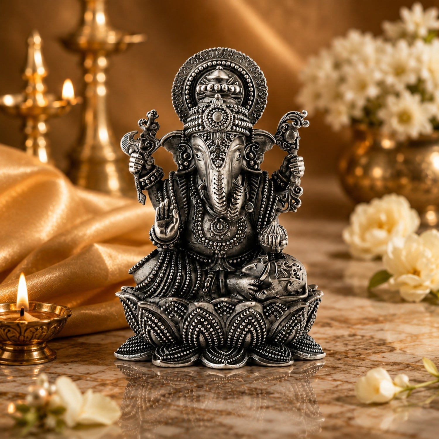 Premium 925 Pure Silver Seated Ganesha on Lotus Idol.