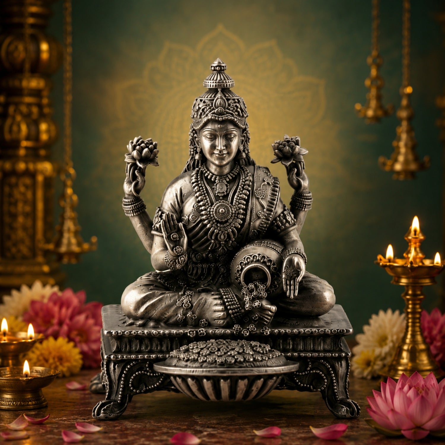Premium 925 Pure Silver Goddess Lakshmi on Chowki Idol.
