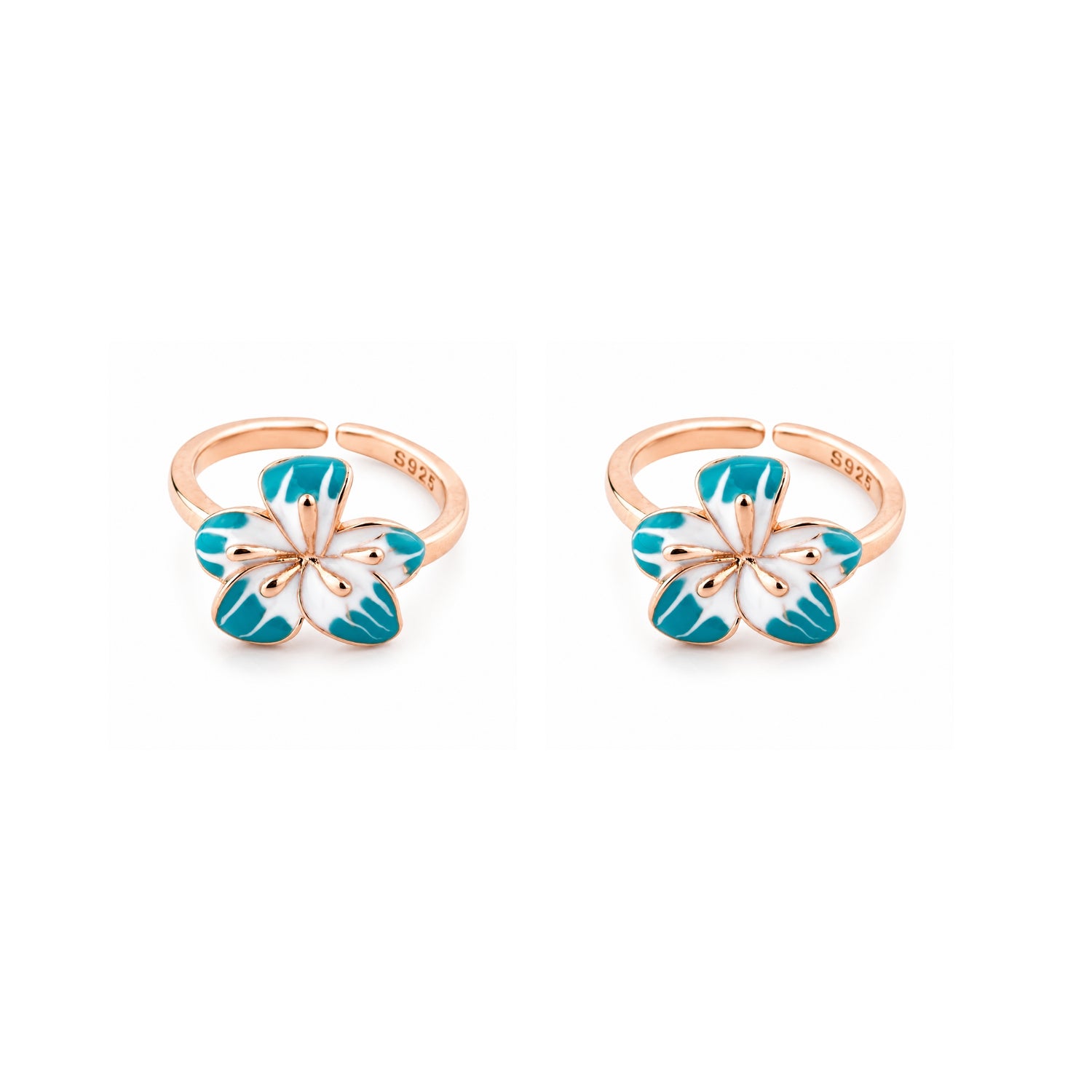 Ocean Breeze Plumeria Adjustable 925 Silver Rose Gold Toe Rings