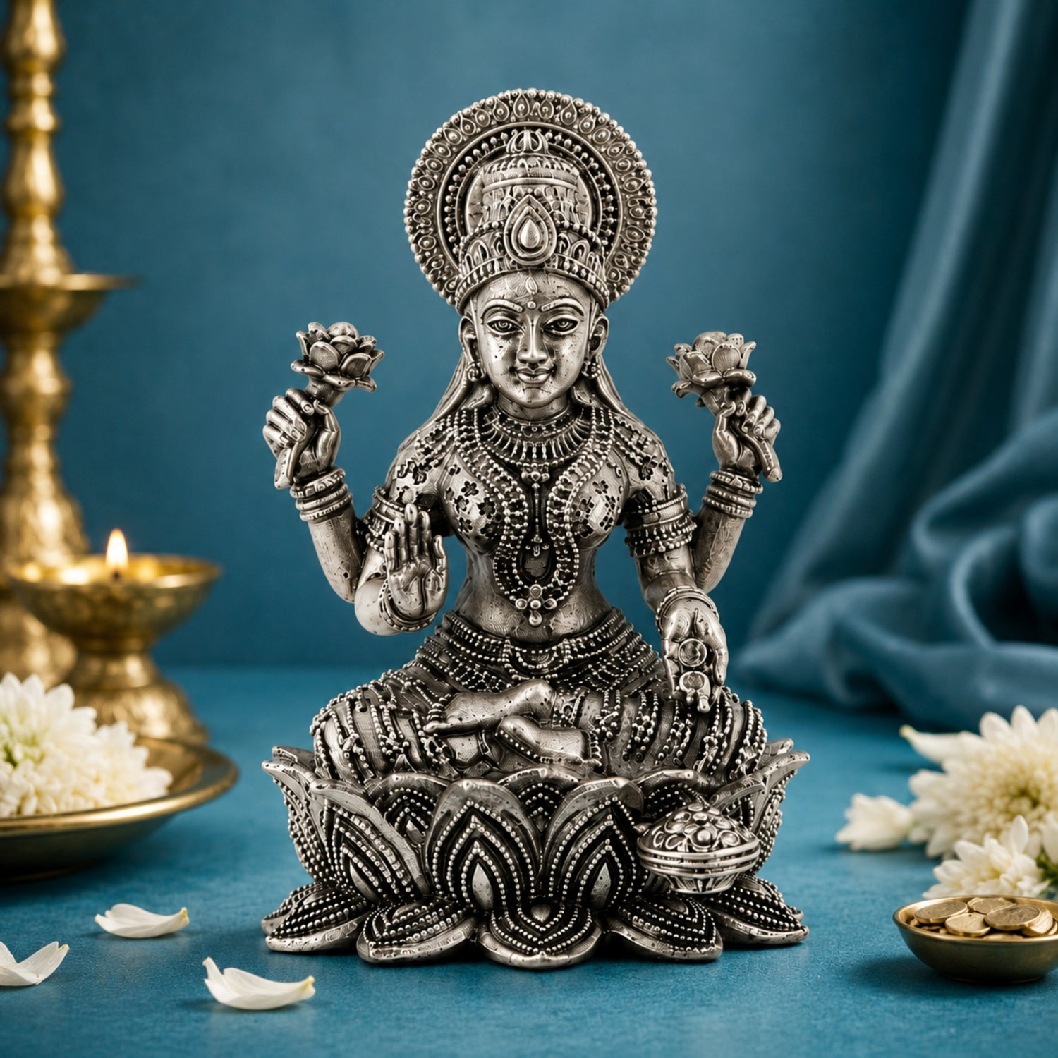 Premium 925 Pure Silver Seated Goddess Lakshmi Idol.
