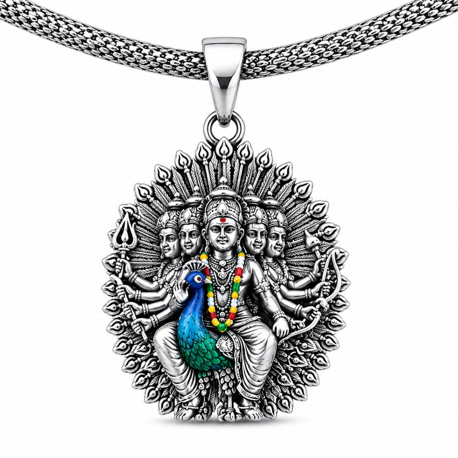 925 Sterling Silver six-faced form of Lord Murugan Pendant