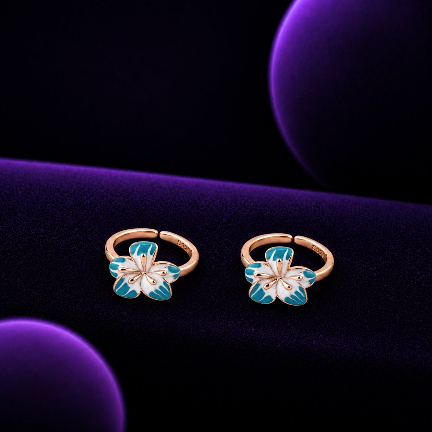 Ocean Breeze Plumeria Adjustable 925 Silver Rose Gold Toe Rings